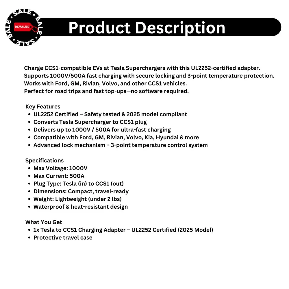 Tesla Supercharger to CCS1 Adapter – UL2252, 1000V/500A, Fits Ford GM Rivian EVs